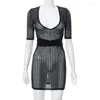 Abiti da festa AVV Solid Black Summer Dress Donna Manica corta Profondo scollo a V Vita alta Lace Up See-Through Mesh Mini Club Vestidos