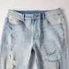 Men's Jeans EU Drip Denim Light Blue Distressed Moustache Ribs Patchwork Slim Fit Damaged Holes Stretch Ripped