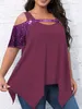 Plus Size Summer Fashion Sequin Tshirt Top Women Casual Loose Sexy Off Shoulder Kort ärm Oregelbundet 240116