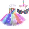 Avond Eenhoorn Jurk LED Licht Glanzende Bloem Meisjes Kostuums voor Verjaardagsfeestje Halloween Cosplay Kostuum Kinder Kerst Kleding 240116