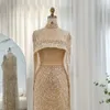 Sharon Said Luxury Pearls Dubai Champagne Evening Dresses with Cape Arabic Women Mermaid Wedding Party Prom Dress SS369 240115