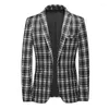 Ternos masculinos 2024 terno casual blazer homens outono vintage xadrez formal casaco masculino inverno moda manga longa turndown colarinho botão jaquetas finas