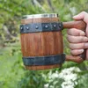マグカップクリエイティブ木製バレルビールカップ模倣ウッドステンレス鋼大容量バーウォーターマグキッチンアクセサリー