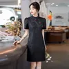 Vêtements ethniques à manches courtes traditionnelle d'été mode chemise à carreaux robe style chinois rétro noir midi