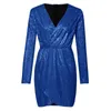 Robes décontractées robe à paillettes femmes col en V profond enveloppement froncé printemps manches longues maigre sexy automne fête discothèque vestidos dames