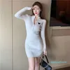 2024 Pencil Skirt Personality Long-sleeved Buttons Letter Embroidery Zipper Sexy Dress