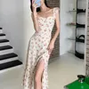 Vestidos casuais mulheres verão maxi vestido lado split elástico busto sem mangas flor impressão plissado vestido-up retalhos sem costas roupas femininas