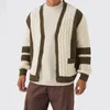 Otoño contraste color para hombre cárdigan de punto casual cuello en v suéter de un solo pecho abrigo moda manga larga chaquetas de bolsillo torcido 240116