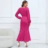 Abito taglie forti da donna con scollo a V e gonna a coda di pesce a maniche lunghe che dimagrisce la vita Abiti casual eleganti in tinta unita slim fit