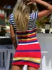 Women's Swimwear Red Stripe Knitted Round Neck Fashion Cover-ups Bohemian Dress Beach Tunic Women Beachwear Kaftan Swimsuit Cover Up Q1250