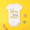 Rompers My First New Year 2023 Newborn Bodysuit New Year Party Baby Outfit Winter Holiday Boy Girl Clothes Short Sleeve Toddler Jumpsuit H240508