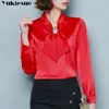 Clothe XXXL Spring Bow Silk Clothes Office Lady Korean Fashion Clothing Solo Loose Long Sleeve Women Tops and Bluses 240131