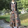 Günlük elbiseler bahar sonbahar kadın pamuk keten güneş elbisesi vintage çiçek baskısı kolsuz askı kadın stil uzun vestidos