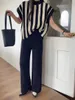 Kadın Kazak Pantolon Set Sıradan Çizgili Külük Takımları Sonbahar Kış Örme Kısa Kollu Elegance Ol Üstler Elastik Sweaterpants 240115