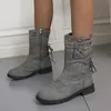 Chaussures femme fermeture éclair latérale bottes pour femmes dos à lacets mi-mollet femmes plissé rivet bout rond talon bas chaud 2023 Coshift en offre 240115