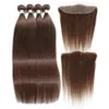 12a 10-32 #4 pacotes de cabelo humano reto marrom chocolate com fechamento frontal cru cabelo brasileiro tecer pacotes com fechamento 240115