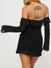 Casual Dresses Women's Mini Dress Slim Off Shoulder Backless Frill Trim Long Sleeve Tinding Split för Cocktail Club Party Wedding Night