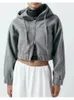 Hoodies femininos 2024 casual manga longa cinza solto primavera outono moda zíper cintura elástica curto com capuz outwear