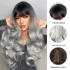 Classic Style Long Synthetic Wigs Ombre Black to Grey Curly Wavy Wig Hairs with Bangs for Ladies and Girls Daily Use Party 240116