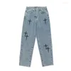 Men's Jeans Y2k Punk Denim Pants Men Harajuku Cross Print Color Fashion Casual Baggy Male Straight Trousers Multi-Pockets Streetwear