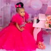 자홍색 꽃 소녀 드레스 v 목에 비즈 공주 여왕 친교 드레스 계층 얇은징 작은 어린이 첫 생일 딸과 어머니 드레스 결혼 가운 f027