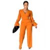 Calças femininas de duas peças outono elegante sólido rendas até 2 conjunto mulheres sexy envoltório v pescoço flare manga colheita top perna larga combinando senhora outfits