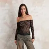 Kvinnors T-skjortor Kvinnor Floral Lace Se genom skördetoppar långärmad av axel Slim T-shirt sexig avslappnad smock estetiska grunge kläder