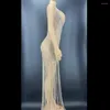 Stage Wear Sleeveless Nude Shining Rhinestones Chain Sexy Long Dress For Women Evening Party Clothing Singer Costumes Prom Wears