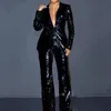 Модные однотонные женские комплекты из 2 предметов, блейзер, брючные костюмы, весна 2023, пальто с длинными рукавами и блестками, широкие брюки с высокой талией, женские 240115