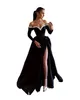 2024 Sexy Prom Dresses Black Off Shoulder Black Plus Size Pearls Floor Length Side Split Satin Vintage Long Sleeves Evening Gowns Side Split