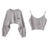 Felpa con top corto asimmetrico moda donna 2 pezzi pullover casual solido a maniche lunghe femminile top chic 240115