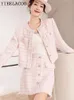 Vestidos de trabalho tweed jaqueta saia terno rosa xadrez moda profissional conjunto emagrecimento feminino outono/inverno 2 peças