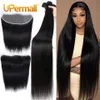 Upermall 234 fasci di capelli umani lisci Remy con chiusura frontale in pizzo brasiliano trasparente pre pizzicato 13x4 e fascio 10A 240115