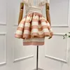 Casual Dresses 2024 Spring Senaste samling Holiday Style Pearlescent Pink Beige Stripes Printing Self Tie Halter Mini Women