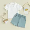 Ensembles de vêtements Pudcoco enfant bébé garçon vêtements d'été à manches courtes bouton de revers t-shirt avec short de poche à taille élastique 2pcs tenue 6M-4T