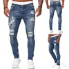 Vit broderi mager rippade jeans män bomull stretchig smal fit hip hop jenim byxor casual jeans för män jogging byxor 240115
