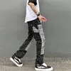 Noir Blanc Damier Patchwork Jambe Droite Denim Pantalon Hommes Hip Hop Éclaboussé Encre Journalisation Pantalon Jeans Slim Fit Lavé Déchiré 240115