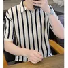 Polos masculinos moda lapela zíper manga curta listrado polo camisas roupas 2024 verão solto all-match topos coreano camiseta