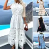 Casual Dresses Women Party Dress Sleeveless Lace Stitching Lady Summer Hollow Out Temperament Double Layers Tight Waist Prom