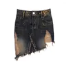 Saias 2024 Modelos Mulheres Hollow Out Short Distress Denim Saia Alta American A-Line Slit Mid-Length Irregular Ski