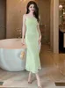 Robes décontractées 2024 Été Femmes Maxi Robe Sweet Girly Sexy Vert Dentelle Bretelles Slip Volants Robe Femme Robe De Vacances Beach Party