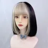 MSIWIGS Short Straight Bob Synthetic Hair Gold Black Cosplay Wig Women Lolita Summer Color Highlighting Gradient With Bangs Dyed 240116