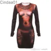 2024 New Spring 3D Body Printed Dresses For Woman Fashion Sexy Long Sleeve Crew Neck Slim Fit Wrap Hip Midi Dress