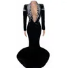 Palco desgaste preto cisne veludo brilhando cristal sexy longo vestido de trilha para mulheres elegante noite roupas entertainer trajes