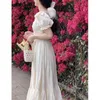 Feestjurken Elegante vierkante kraag witte jurk zomer mode puff mouw ruche voor vrouwen 2024 chic vintage maxi