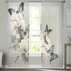 Curtain Black And White Butterfly Flower Art Tulle Curtains for Living Room Decoration Chiffon Sheer Voile Kitchen Bedroom Curtainvaiduryd