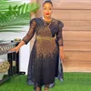 Ethnic Clothing Women African Dresses O Neck Three Quarter Sleeve Party Dress Beading Vestidos Solid Color Loose Fit Diamonds Slight Strech