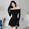 Casual Dresses STSVZORR Women's Black Brown Off Shoulder Dress Spring Sexy Y2K Ruffle Edge Long Sleeve Short Skirt