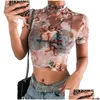 Kvinnors t-shirt kvinna ängel tryckt halvhög krage exponerad navelmask kortärmad t-shirt kort smal botten kvinnlig y drop deliv dh3x7