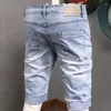 Heren jeans zomer lichtblauwe denim shorts herenmode bedrukt slim fit gescheurd kort